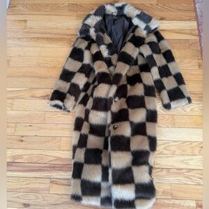 Missguided Brown Checkered Faux Fur Maxi Coat Size 8